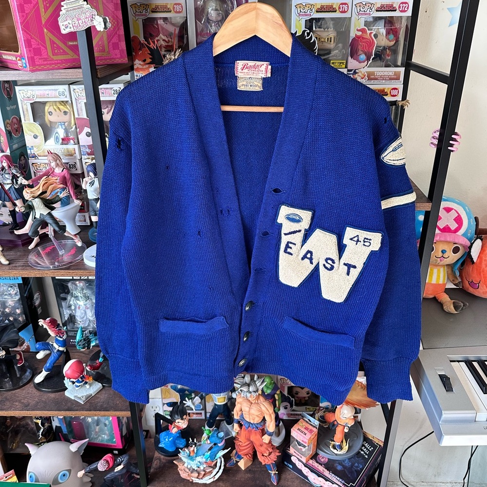 Vintage Badger East 45 Varsity Wool Cardigan Sweater Men’s S Blue 40s?
